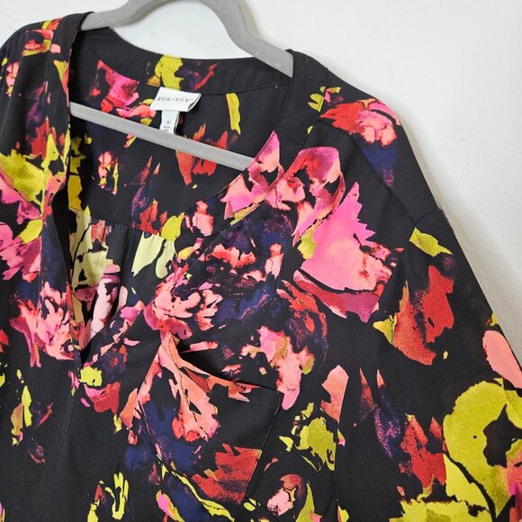 Ava & Viv Black Floral Blouse Shirt Top Roll Tab Sleeve Flowers Plus Size 3XL - Picture 2 of 10